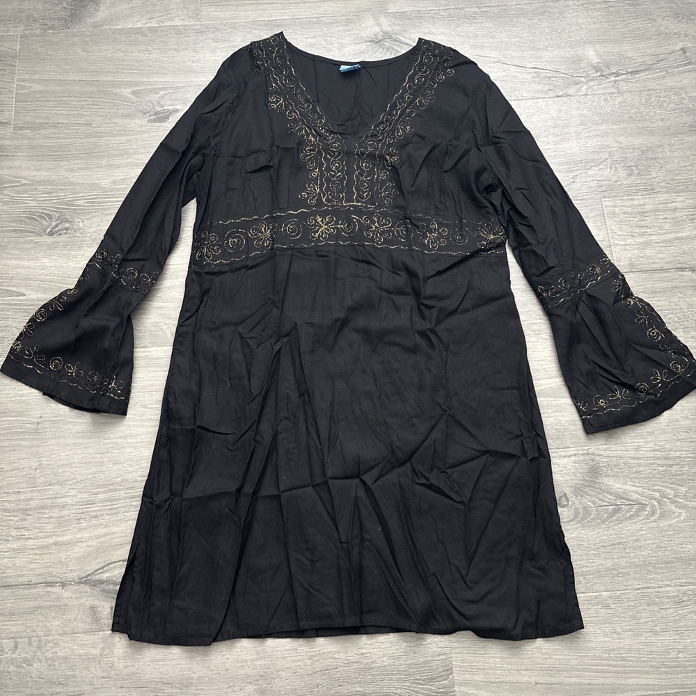 Soaked Dress L Black Embroidered Bib Hippie Boho V-Neck Peasant Coverup Viscose